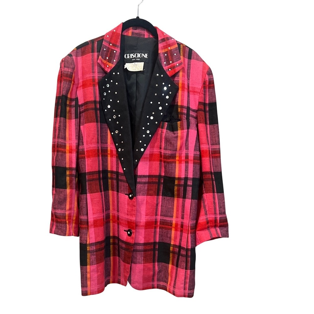 Criscione NY Cache Vintage‎ 80's Plaid Rhinestone Embellished Blazer Jacket